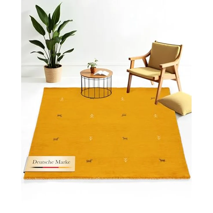 carpetfine 'Gabbeh Uni' Wollteppich, reine Wolle, Gelb, 120x120 cm – Bild 2