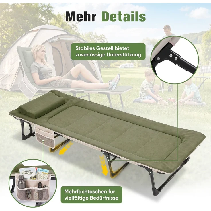 Sekey Feldbett Verstellbar Campingbett Klappbar Gästebett mit Matratze und Kissen, 193 x 70 x 29 cm, Grün – Bild 4
