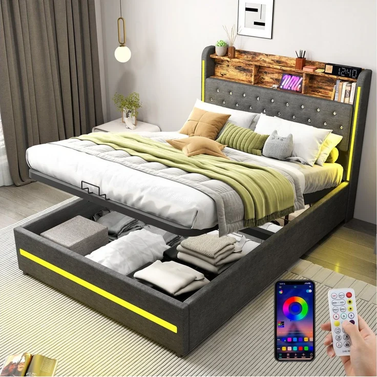 oyajia Polsterbett Stauraumbett Doppelbett LED, Leinenstoff (Mit Bettkasten, LED-Beleuchtung, 140x200 cm), Hydraulisch hebbarer Stauraum – Bild 1