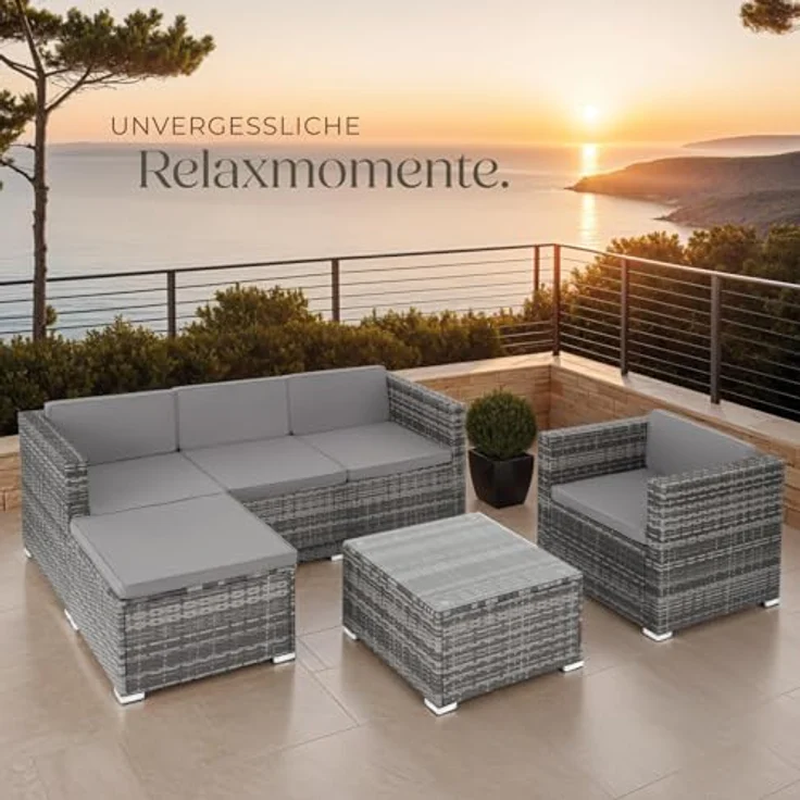 tectake® Poly Rattan Lounge, Outdoor Gartenmöbel Set mit Sofa, Sessel, Hocker und Tisch, variabel kombinierbar, Möbel wetterfest für 4-5 Personen, Balkonmöbel, Gartenlounge, Terrassenmöbel - grau – Bild 9