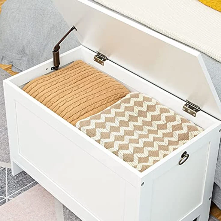 HOOBRO Truhen, Sitzbank mit Stauraum, Spielzeugtruhe mit Deckel, Schuhbank, Sitztruhe, Aufbewahrungstruhe, Robust, Sicherheitsscharniere, Schlafzimmer, Wohnzimmer, 75 cm, Weiß EWT75CW01G1 – Bild 4