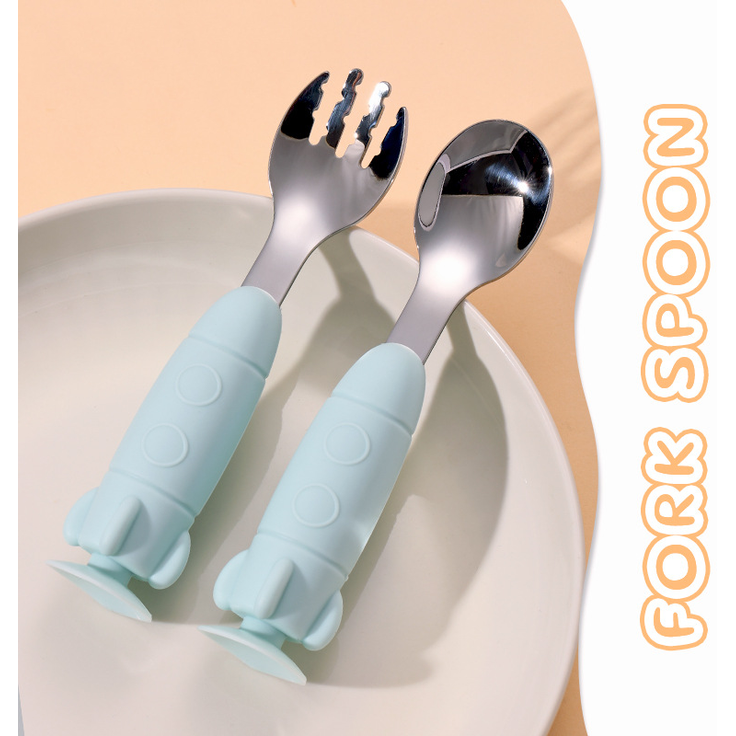 ABC Löffel aus Edelstahl 316L, niedliche raketenförmige Silikongabel und -löffel für Babys, lebensmittelechtes Babygeschirr – blau