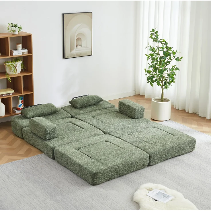 Modulares Schlafsofa aus Chenille, 2-in-1 als Sessel und Gästebett, 182x90x80 cm, Grün – Bild 3