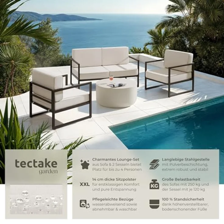 tectake Essgruppe Garten-Loungeset, (Set, 3-tlg), Pulverbeschichtete Stahlgestelle für maximale Stabilität – Bild 5