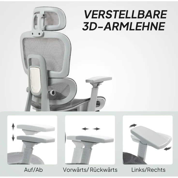 Bürostuhl, Ergonomischer Schreibtischstuhl mit Netzstoffbezug, verstellbar, rollbar, mit Armlehnen, Kopfstütze, Grau--Grau--122x64x66cm--YOUDENOVA – Bild 9