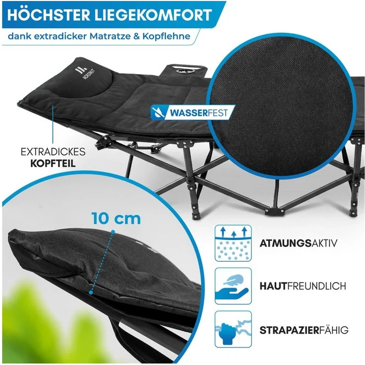 Nordmut Feldbett Klappbar mit Matratze, Campingbett Gästebett, Outdoor Erwachsene (Spar-Set, 1-St, Nordmut Kebne mit Auflage, Nachttisch & Tragetasche) mit Auflage, Tragetasche, Seitentasche, Nachttisch, 200 kg belastbar – Bild 3