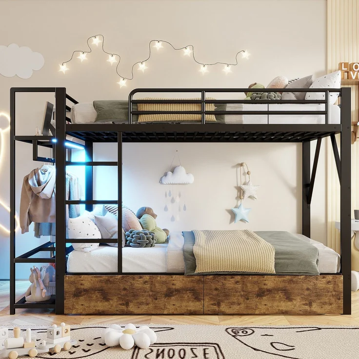 Etagenbett mit Schubladen, RGB LED-Streifen, Kleiderstange, Regal, Lattenrost und Leiter, 140x200 cm, Kinderbett mit Rausfallschutz, Metallbett – Bild 3