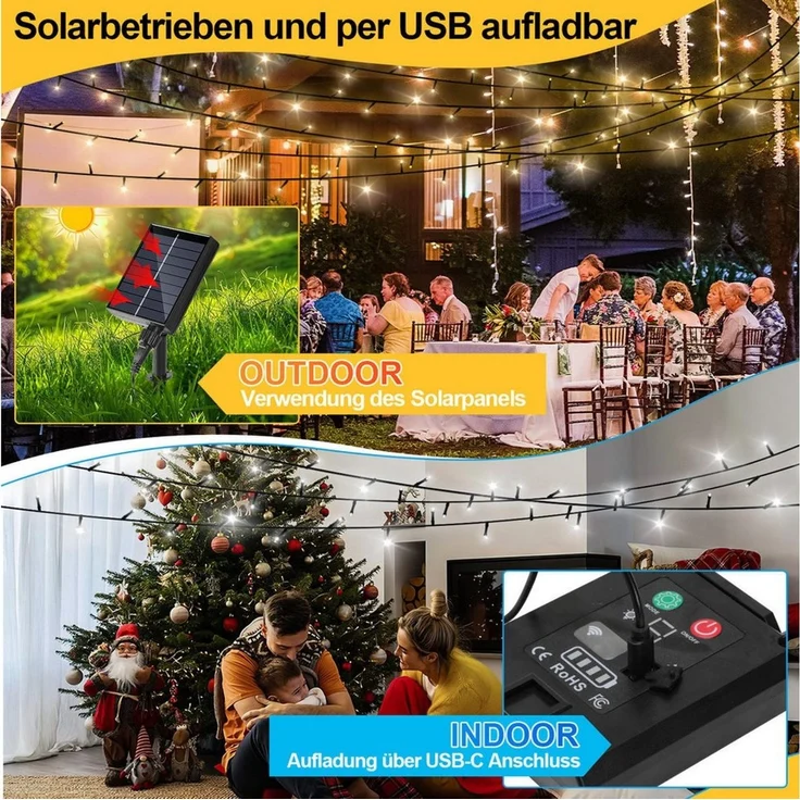 Clanmacy LED-Lichterkette 100M 1000LEDs LED-Lichterkette Solar Lichterkette Aussen Warmweiß, Weihnachten – Bild 4