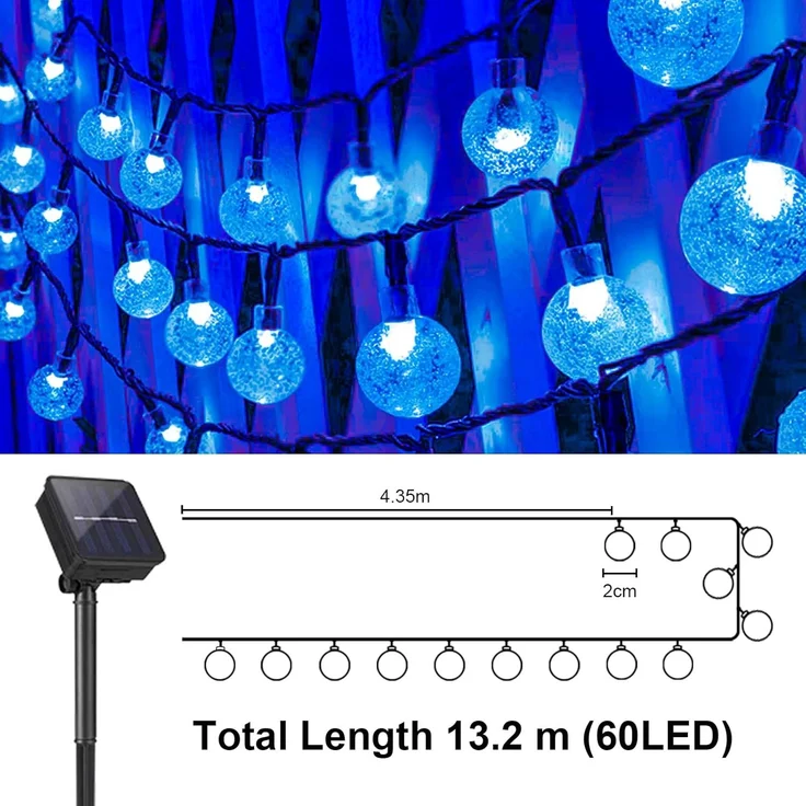 LQWELL® Solar Lichterkette Aussen 13M 60LED 8 Modi für Innen und Aussen Kettenlicht Kristall Kugeln IP44 Wasserdicht Garten Terrasse Balkon Hochzeit Party Fenster (Blau) – Bild 7