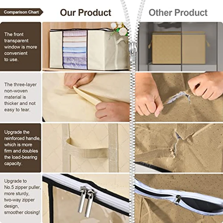 GoMaihe 90L Aufbewahrungstasche 8 Stück, Aufbewahrungsbox mit Deckel Groß Verstärkte Griffe, Kleidung Umzugskartons für Bettdecken, Unterbett Aufbewahrung Kleiderschrank Boxen Organizer Beige – Bild 5