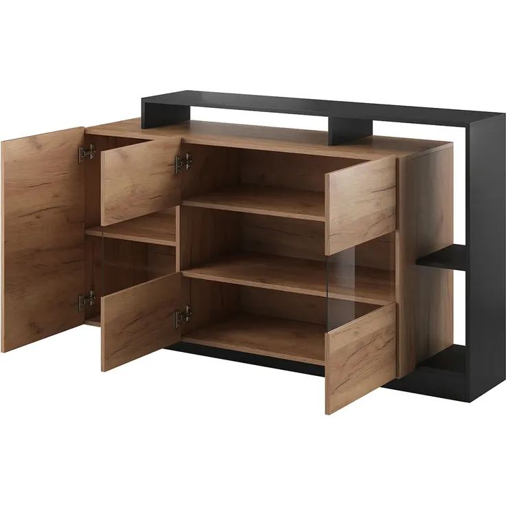Vente-unique 'IDESIA' Sideboard mit 3 Türen, 3 Ablagen & LED-Beleuchtung, Holzspanplatte anthrazit / naturfarben, 155 x 44 x 93,5 cm – Bild 4