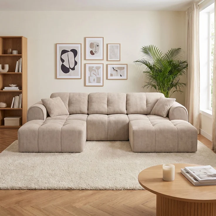 skølm 'Vanaheim' Sofa 3 Sitzer mit 2 Hocker & 2 Kissen, Cloud Sofa beige, Chenille-Stoff, Vollschaumcouch mit Federkern und Vakuum-Kompression, kein Aufbau erforderlich – Bild 9