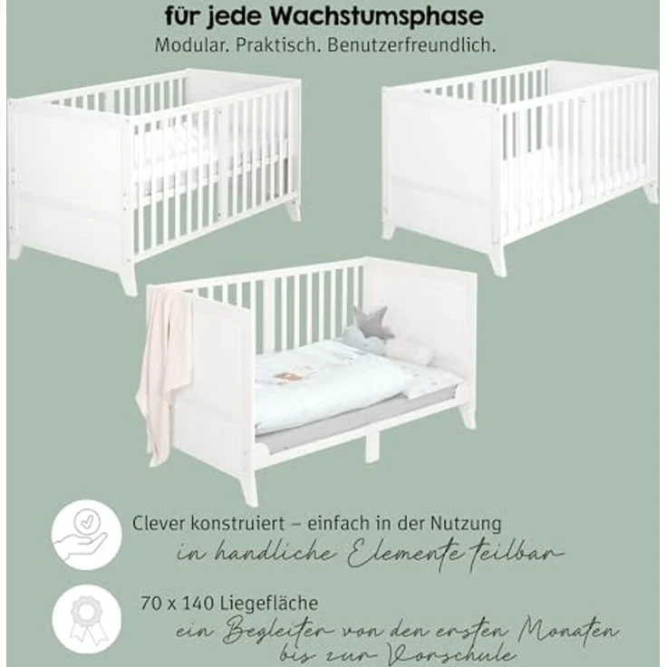 roba Komplettbettset Woodland Buddies - Babybett 70 x 140 cm aus Holz inkl. Matratze, Bettwäsche, Himmel & Himmelstange - Mitwachsendes Kinderbett ab 6 Monate - Weiß – Bild 3