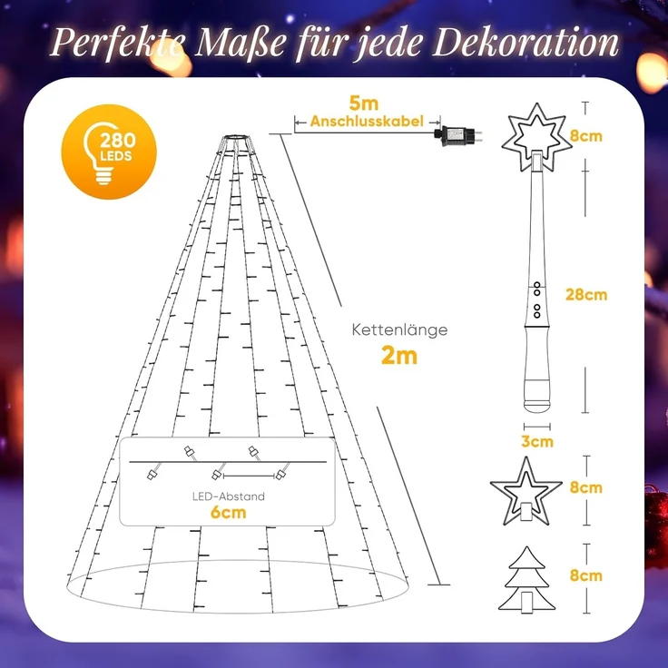 Salcar LED-Lichterkette Weihnachtsbaum Lichterkette 8 Girlanden mit Zauberstab Fernbedienung, 2m 280er LED Christbaumbeleuchtung für 150cm bis 240cm Tannenbaum – Bild 2