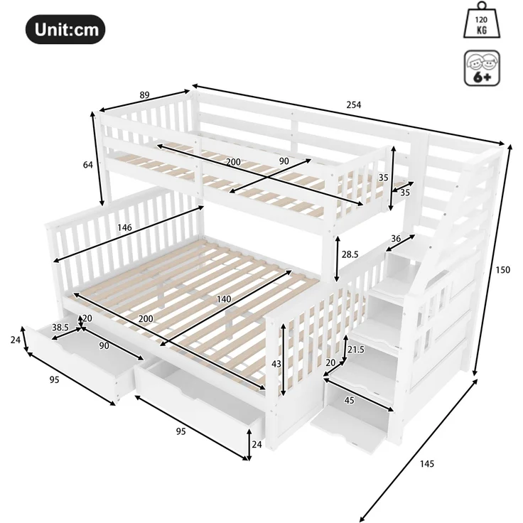 Etagenbett 90x200 & 140x200 cm, Kinderbett und Jugendbett, mit Schubladen und Stauraum, Kiefernholz, Weiß – Bild 10