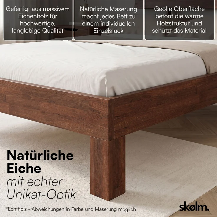 skølm 'Floki' Bett 140x200 cm, Bettgestell aus Eiche, Bettkopf 2 Streben, Massivholzbett lackiert, Walnuss Optik, geeignet als Doppelbett – Bild 4