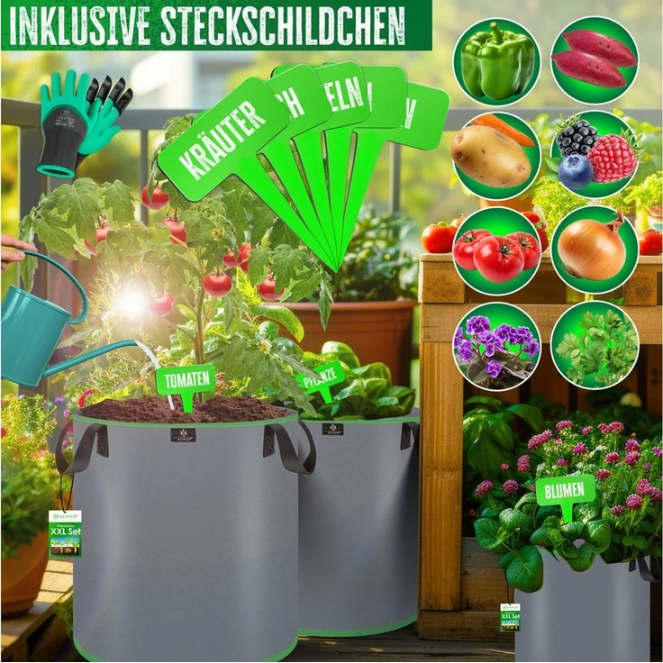 KESSER® Pflanzsack | Pflanzsäcke aus Vlies-Stoff mit Namensschildern | Kartoffel-Pflanztasche mit Fenster & Griffen | Pflanzbeutel für Gemüse Blumen Früchte Grau, 27 Liter, 5er Set – Bild 4