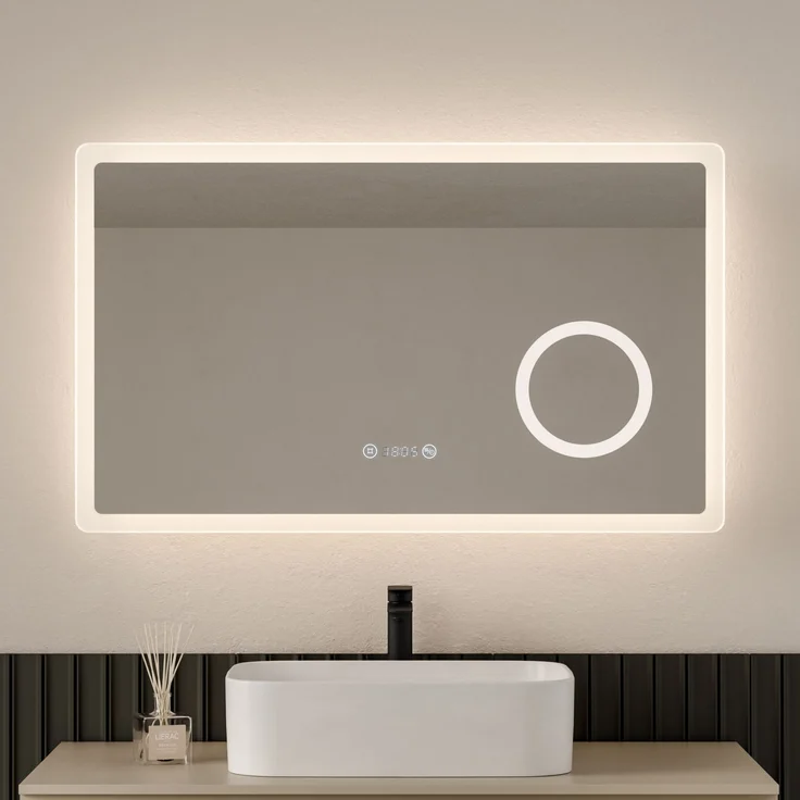 EMKE LED Badspiegel 100x60cm Uhr 3 Lichtfarben Dimmbar 3-fache Vergrößerung – Bild 1