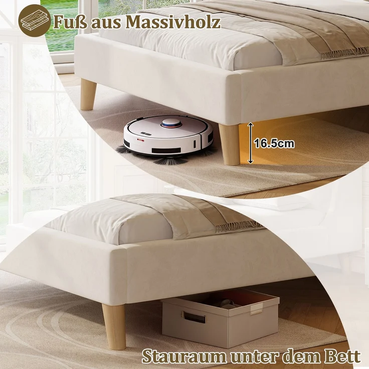 Merax Polsterbett, Einzelbett, Kinderbett 90 x 200cm, Bett mit Lattenrost und Kopfteil, Bettbeine aus Massivholz, gepolstertes Kopfteil, samt, beige – Bild 7