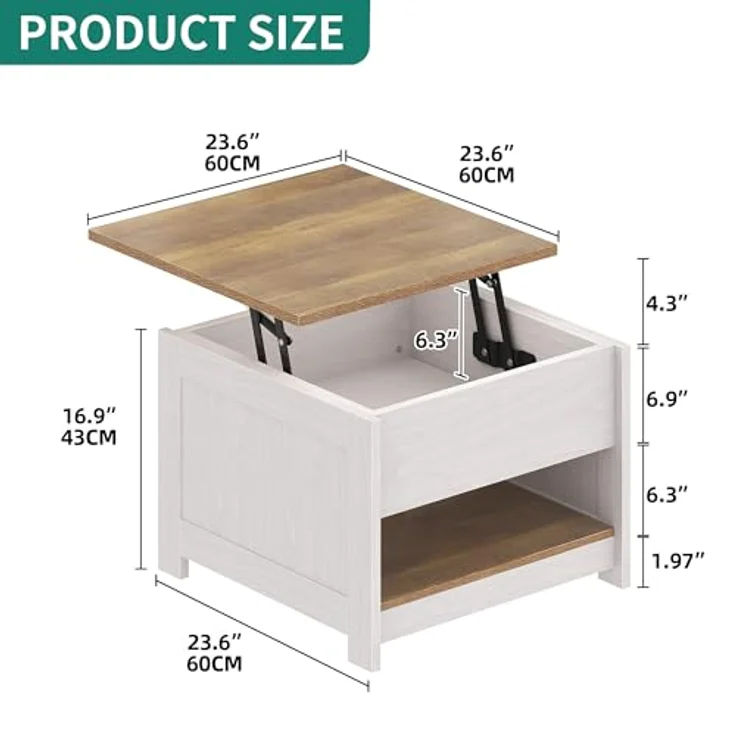 YITAHOME Couchtisch mit Hebeplatte, Quadratisch Couchtisch Höhenverstellbar, Wohnzimmertisch Modern für Couch Schlafzimmer,Stabiler Metallrahmen,60X60X45CM – Bild 3