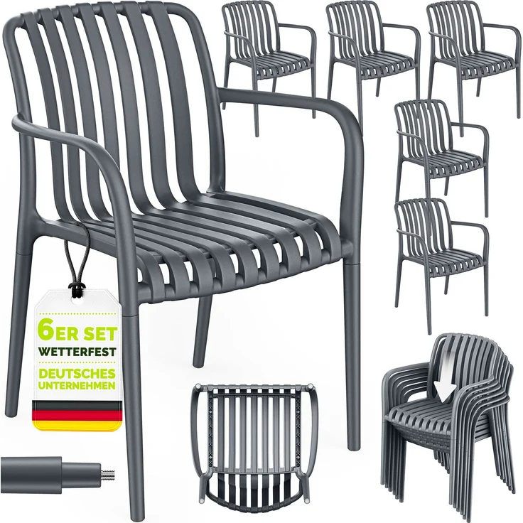 tillvex® Gartenstühle 6er Set Stapelbar Wetterfest mit Armlehne | Outdoor Stühle bis 120kg belastbar | Gartenstühle Outdoor | Terrassenstuhl Gartenmöbel Balkon Garten Terrasse – Bild 6