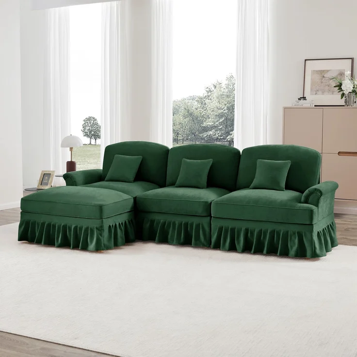 Modulares Mid-Century L-förmiges 3-Sitzer Sofa, Chenille, Trichter-Armlehnen, abnehmbare Rüschenschürze, spindelförmige Beine, beweglicher Hocker, tiefer Sitzkomfort fürs Wohnzimmer, Grün – Bild 2