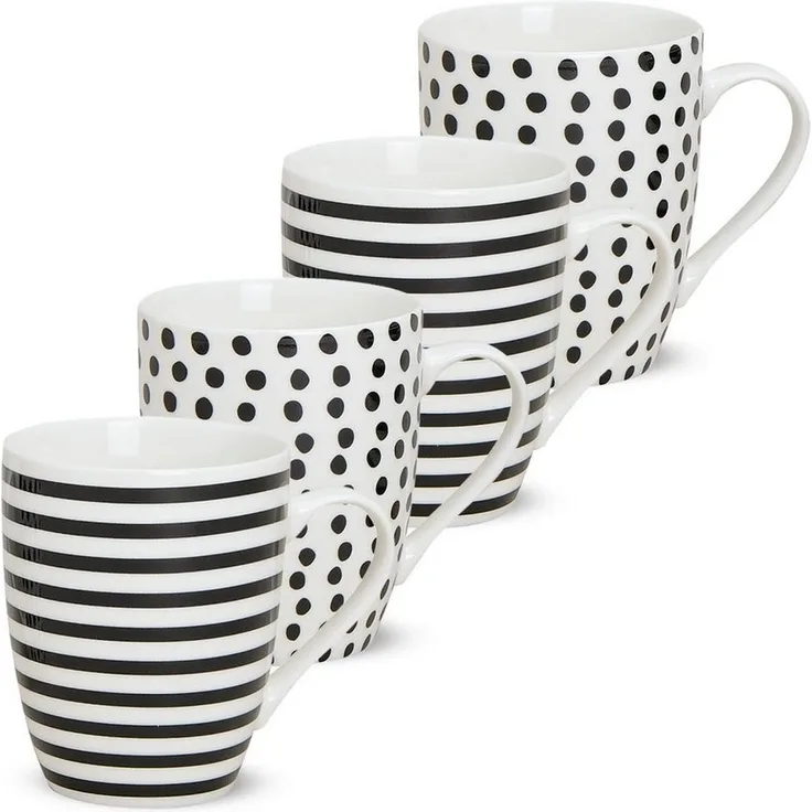 matches21 HOME & HOBBY Tasse Kaffeetassen 4er Set Punkte Streifen Design gepunktet, Porzellan, Tee Kaffee-Becher, modern, weiss schwarz gestreift, 300 ml