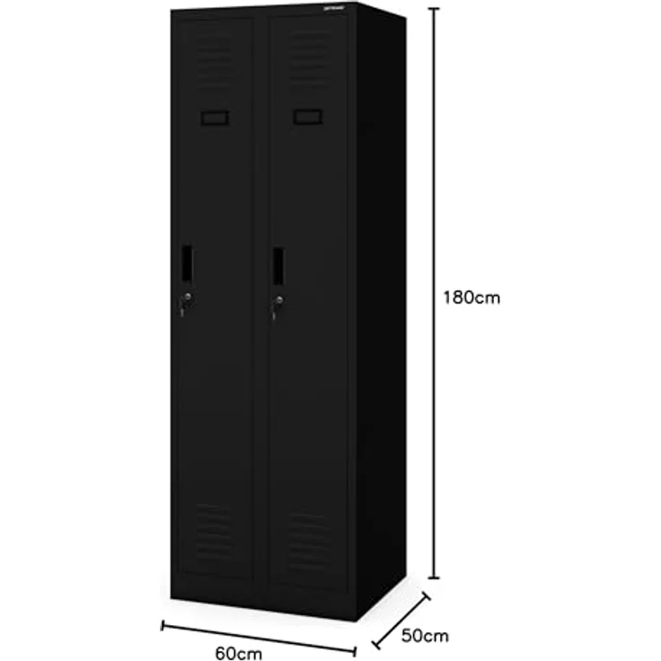 Jan Nowak Spind Schrank, Kleiderschrank, Metallschrank, Schließfachschrank | 2 Abteile mit Kleiderstange, Lüftungsschlitze, Trennwände, 4 Kleiderhaken pro Abteil | 180 cm x 60 cm x 50 cm | Schwarz – Bild 3