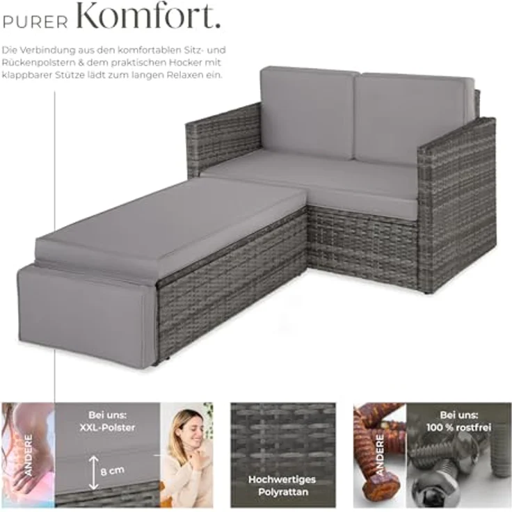 tectake Sofa Set - 2 Sitzer Sessel mit Hocker und Schlaffunktion, kleine Rattan Couch als Outdoor Gartenmöbel, wetterfest für Lounge, Balkon und Garten, klappbar mit Polstern – Bild 4