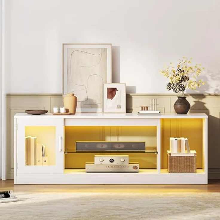 YITAHOME TV Schrank, TV Lowboard LED Weiß - Fernsehschrank Fernsehtisch mit RGB-LED-Leuchten Lowboard und Glasregal Fächern für 65 Zoll & kleinere TVs,für Wohnzimmer Schlafzimmer, B148 x H51 x T32 cm – Bild 6