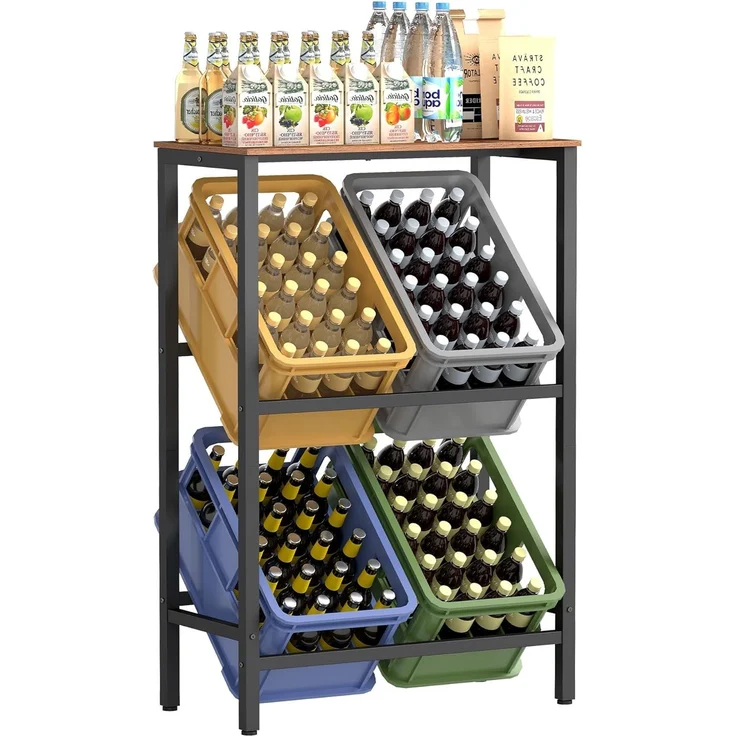 SONGMICS Getränkekistenregal, 2 Ebenen, für 4 Kisten, Aufbewahrungsregal, Jede Ebene bis 150 kg belastbar, Stahl, Getränkeregal, für Küche, Wohnzimmer, Garage, vintagebraun-tintenschwarz