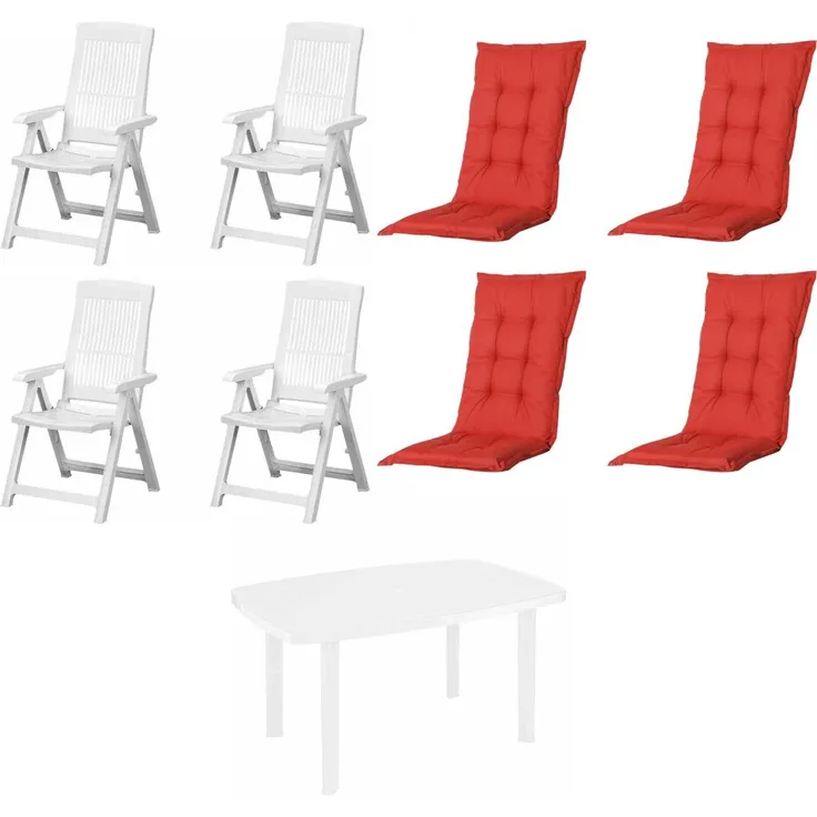 SET Tampa + Faro 4 x Klappsessel weiß, 1 x Tisch weiß, 4 x Auflage red