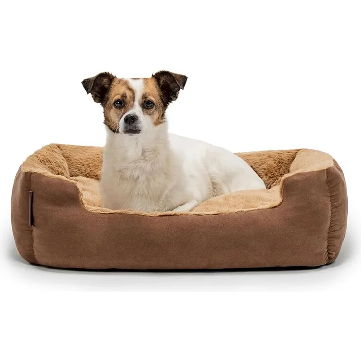 lionto Hundebett mit Wendekissen und Rutschfester Unterseite, Robustes Heimtierkissen mit tiefem Einstieg für Hunde und Katzen jeden Alters, 60x48 cm, kuscheliges Hundekissen, braun/beige