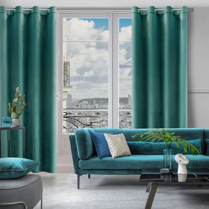 Design91 Samtvorhang, Ösen, Polyester dunkeltürkis, 140x250 cm – Bild 2