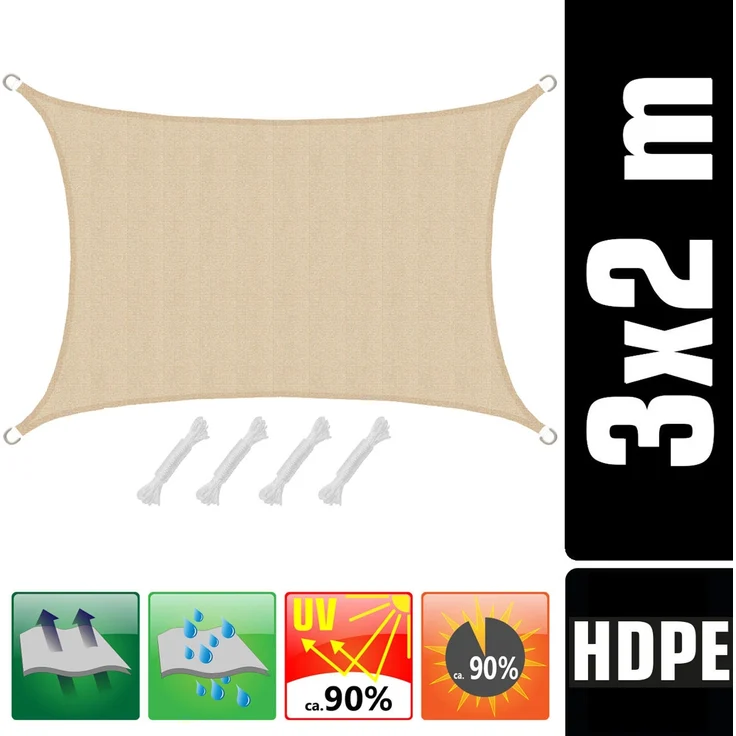 3x2m UV Sonnensegel Atmungsaktiv mit Befestigung Beige – Bild 2
