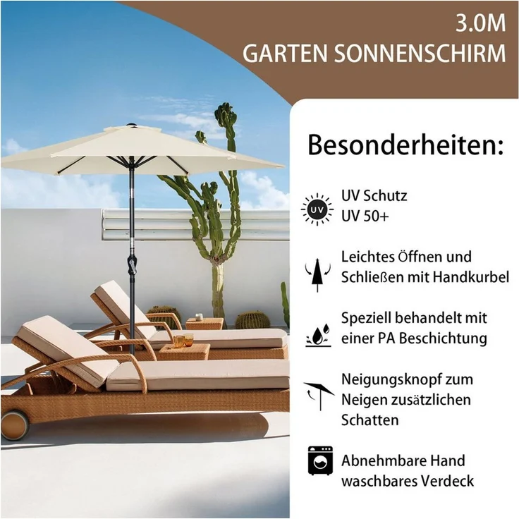 Angel Living Sonnenschirm Ø 300 cm, UV-Schutz 50+, Rund, aus Polyester, für den Balkon, den Strand, den Garten oder die Terrasse, 4.7kg – Bild 4