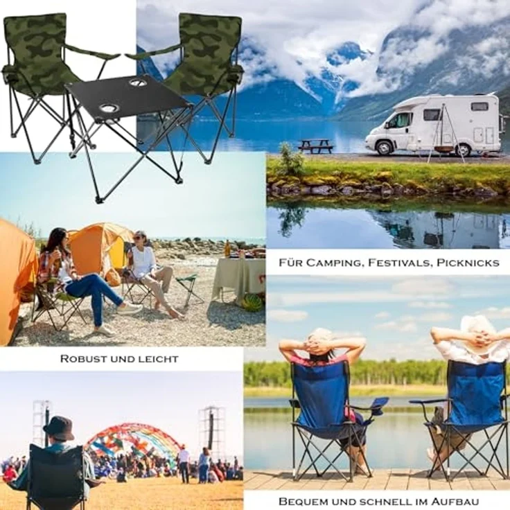 BigDean Campingtisch mit Stühlen camouflage - Camping Tisch Stuhl Set Camping Stühle (Set, 1-St, 2 Stühle mit Tisch), Angel, Festival, Outdoor, Pflegeleicht – Bild 2
