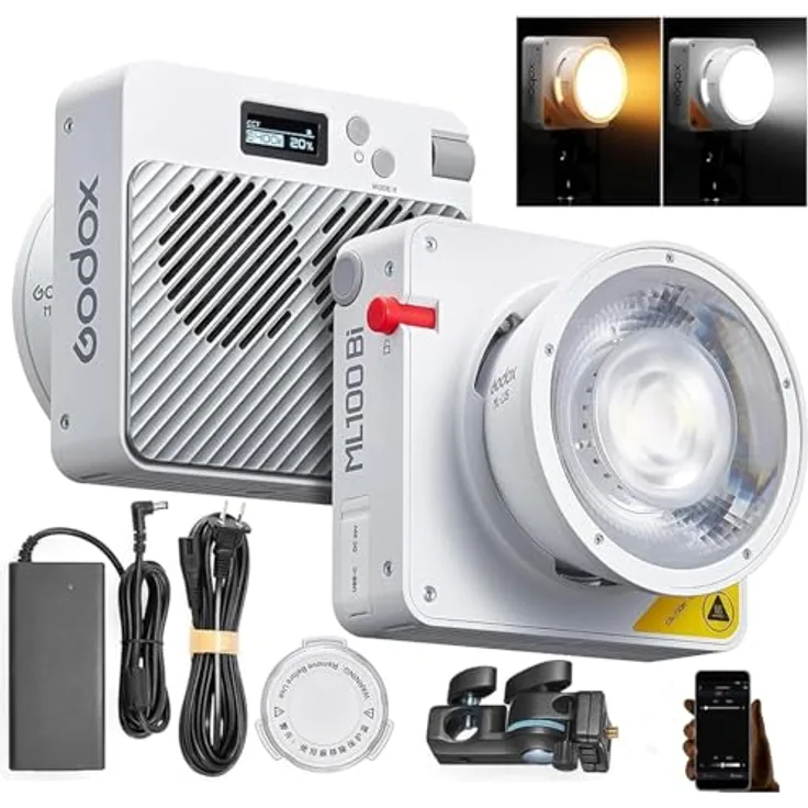 Godox ML100Bi 120W LED Video Licht, Bi-Color, 34300Lux CRI97+/TLCI98+, APP Steuerung, USB-C Aufladung, 11 FX Effekte für Filmemachen/Outdoor Fotografie