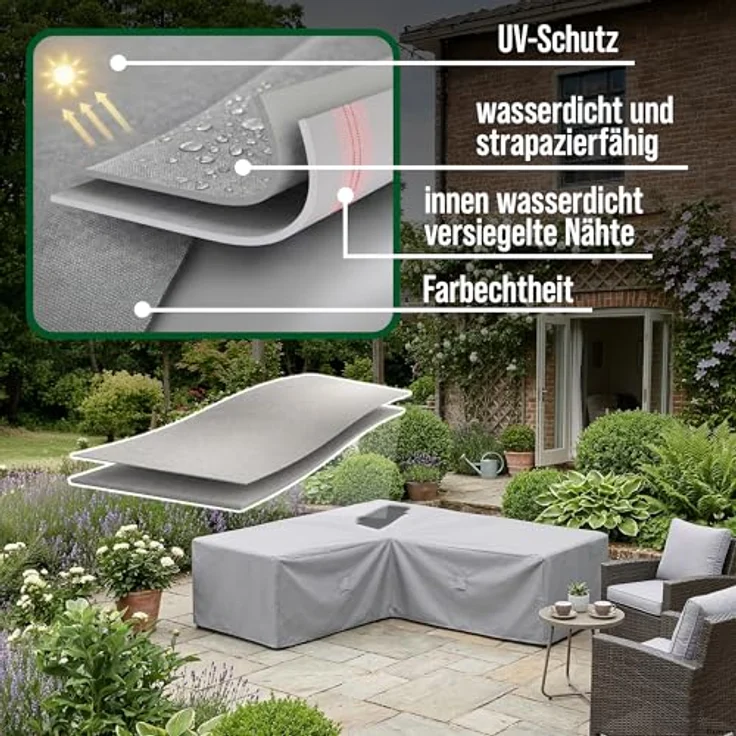 Mehr Garten Abdeckung für Gartenmöbel Loungegruppe L-Form, 300x245x80 cm, grau, Oxford 600D Gewebe, wasserdicht, UV-beständig und wetterfest – Bild 3