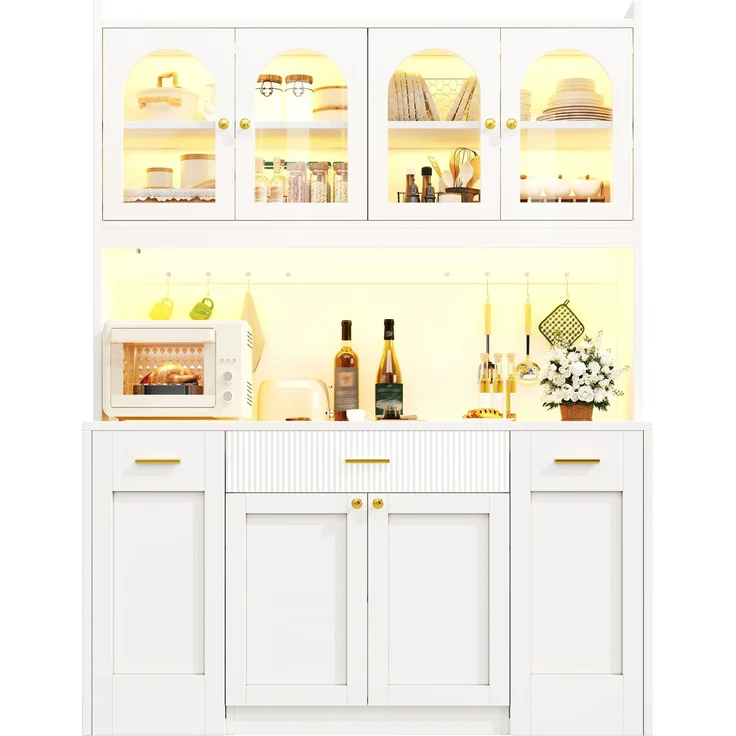 Hochküchenschrank 120cm mit RGB-LED, App-Steuerung, 3 Glasvitrinen, Schubkästen & beidseitigen Roll-Ablagen, Weiß/Schwarz – Bild 6