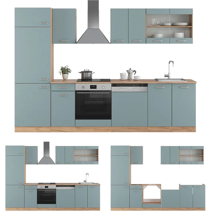 Küchenzeile R-Line Blau-Grau/Goldkraft Eiche 300 cm , AP Eiche Vicco – Bild 6