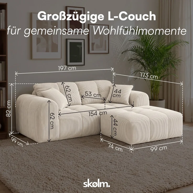skølm 'Vanaheim' Sofa 2 Sitzer mit Hocker & 2 Kissen, Cloud Sofa Cord beige, Vollschaumcouch mit Federkern und Vakuum-Kompression, kein Aufbau erforderlich – Bild 8
