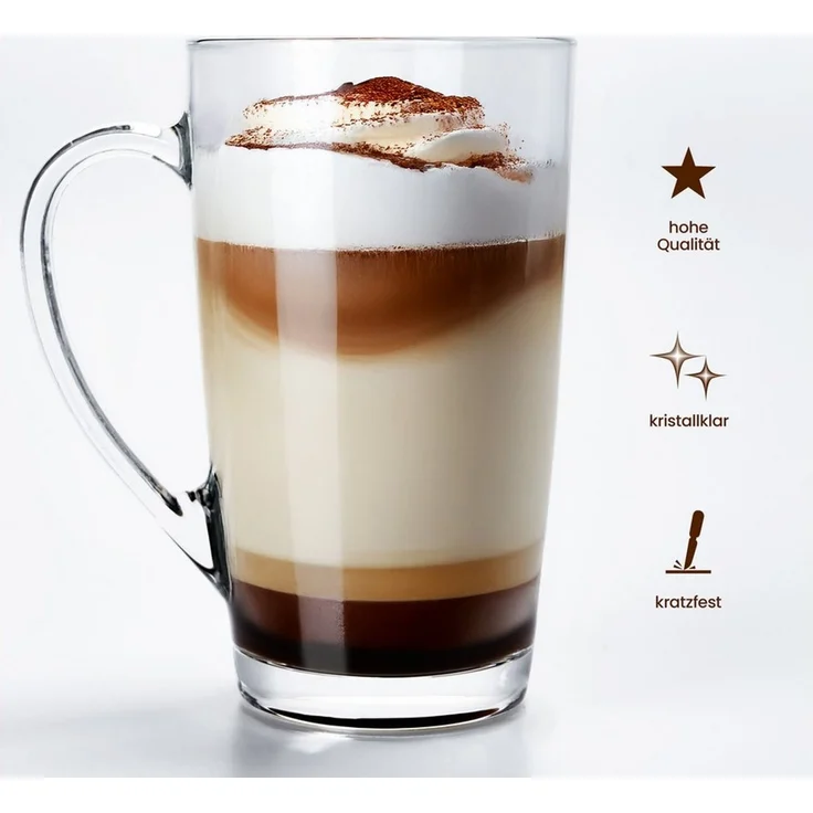 KONZEPT Latte-Macchiato-Tasse Latte Macchiato Gläser Set mit Henkel, Set Kaffeegläser 350 ml, 6-tlg, 6/12-er Set aus transparentem Glas – Bild 2