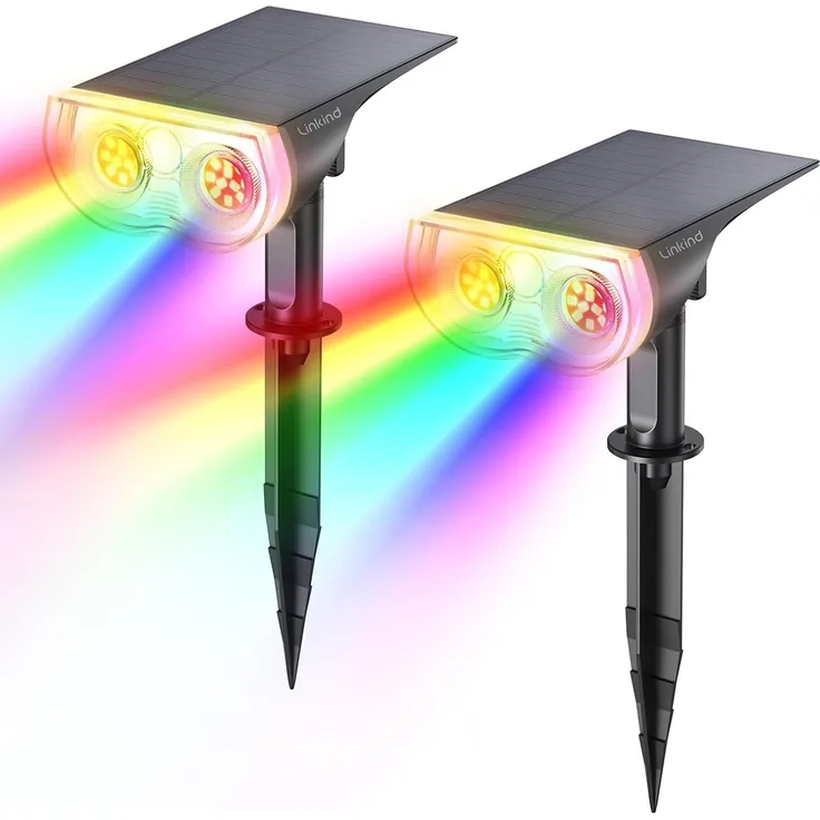 Linkind Bunt Solarlampen für Außen, RGB+Weiß Solar Strahler Garten mit 10 Lichtmodi, Solar Außenleuchte 2 in 1 Montage, Dusk to Dawn IP65 Solarleuchte StarRay für Bäume, Vorgarten, Hof, 2 Stück
