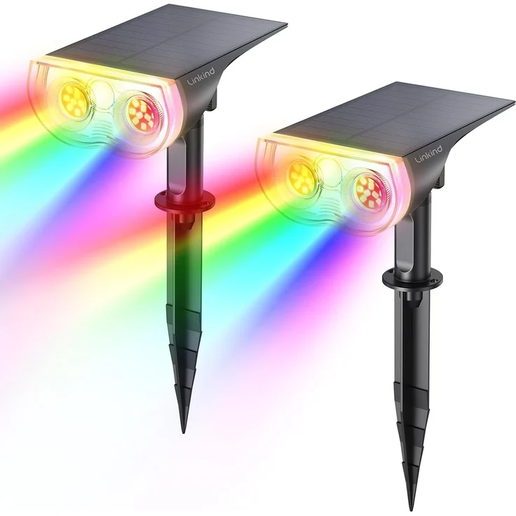 Linkind Bunt Solarlampen für Außen, RGB+Weiß Solar Strahler Garten mit 10 Lichtmodi, Solar Außenleuchte 2 in 1 Montage, Dusk to Dawn IP65 Solarleuchte StarRay für Bäume, Vorgarten, Hof, 2 Stück