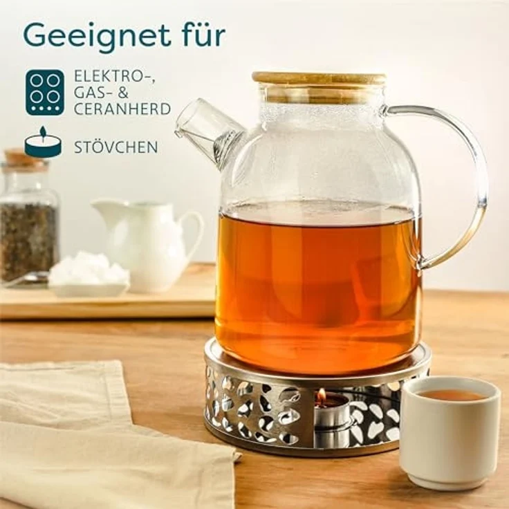 Cosumy Teekanne Teekanne Glas 1,5 Liter mit Deckel aus Bambus - Filter im Auslauf, 1500 l, (Packung, Teekanne mit Deckel), Getränke – Bild 6