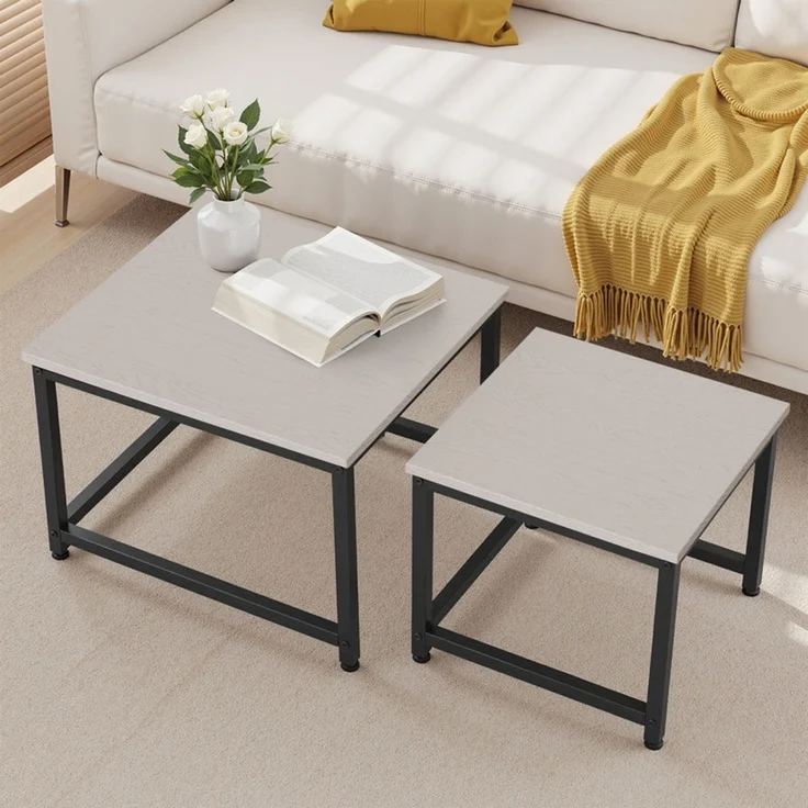 Hawthyhome 2er-Set Quadratischer Couchtisch Beistelltisch aus Holz mit Metallgestell, stapelbar & separat nutzbar, hochdichte MDF-Arbeitsplatte, moderne Industrie, wasserdicht & pflegeleicht, einfache Montage, für Wohnzimmer & Schlafzimmer, Weiß – Bild 7