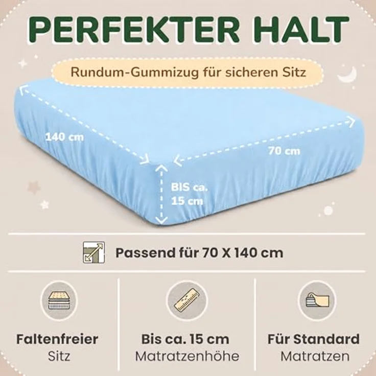 leevitex® Spannbettlaken Spannbettlaken Kinder Spannbettlaken Premium 170 g/m², Gummizug: Rundumgummizug, (1 Stück), schwer & blickdicht, 100% Baumwolle, 70 x 140 cm – Bild 5