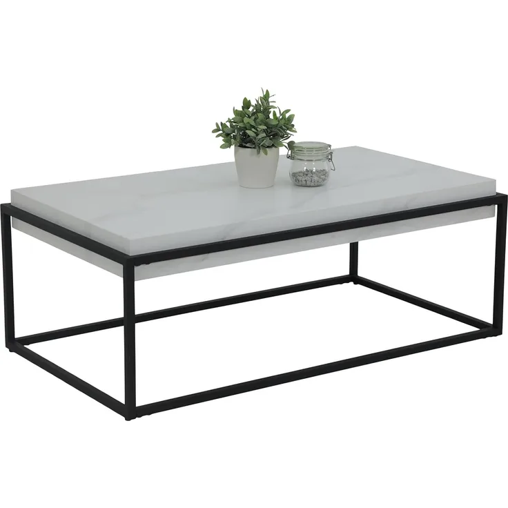 Hela Tische, Couchtisch Carlos, Dicke Tischplatte 10 cm, Marmoroptik Weiß, Metallrahmen pulverbeschichtet Schwarz