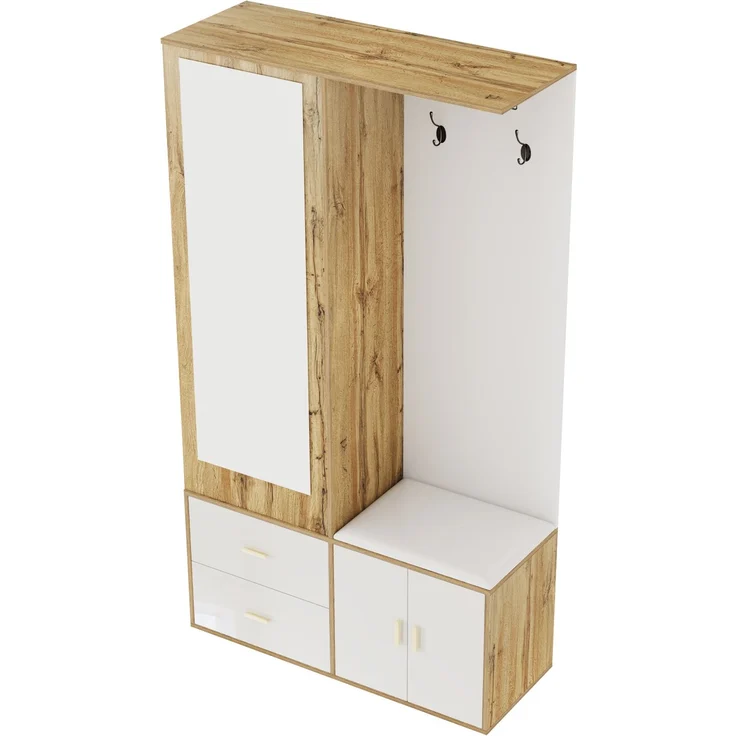 Merax Edles Garderobenset in Weiß- und Holzfarben mit Spiegel, Schuhschrank, Schuhbank mit Haken und ausziehbarer Kleiderstange – Bild 6